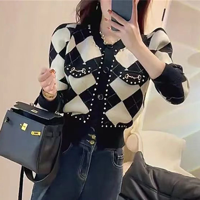 Women Trendy Vintage Argyle Diamonds Bow Chic Sweet Outewear Button Knitted Cardigan Y2K Female O Neck Long Sleeve Sweater Coats