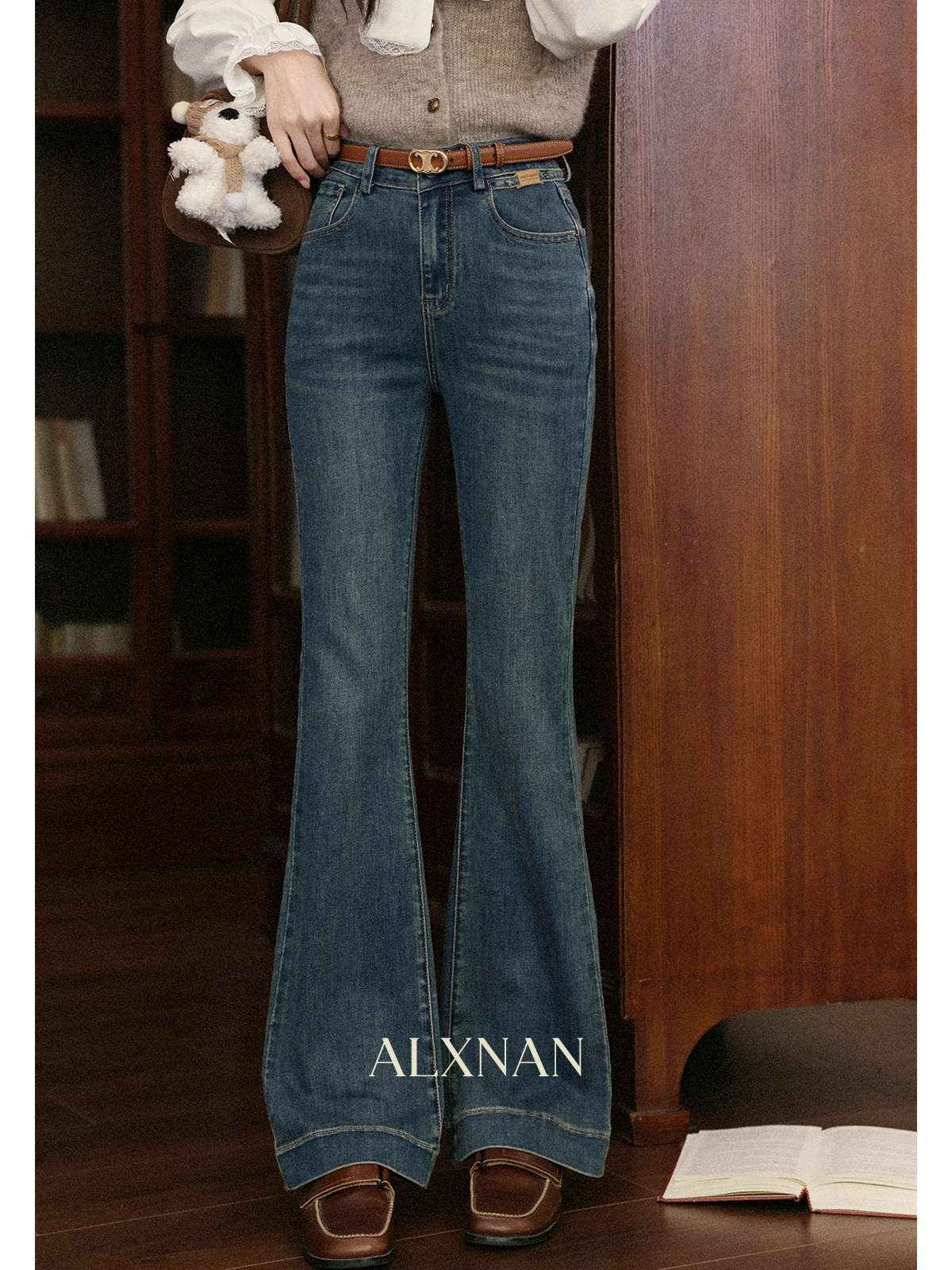 ALXNAN Schlagjeans für Damen, blau, Vintage, hohe Taille, weites Bein, Baumwoll-Denim-Hose, 2025, Herbst, elegant, lässig, Baggy-Hose, L56918