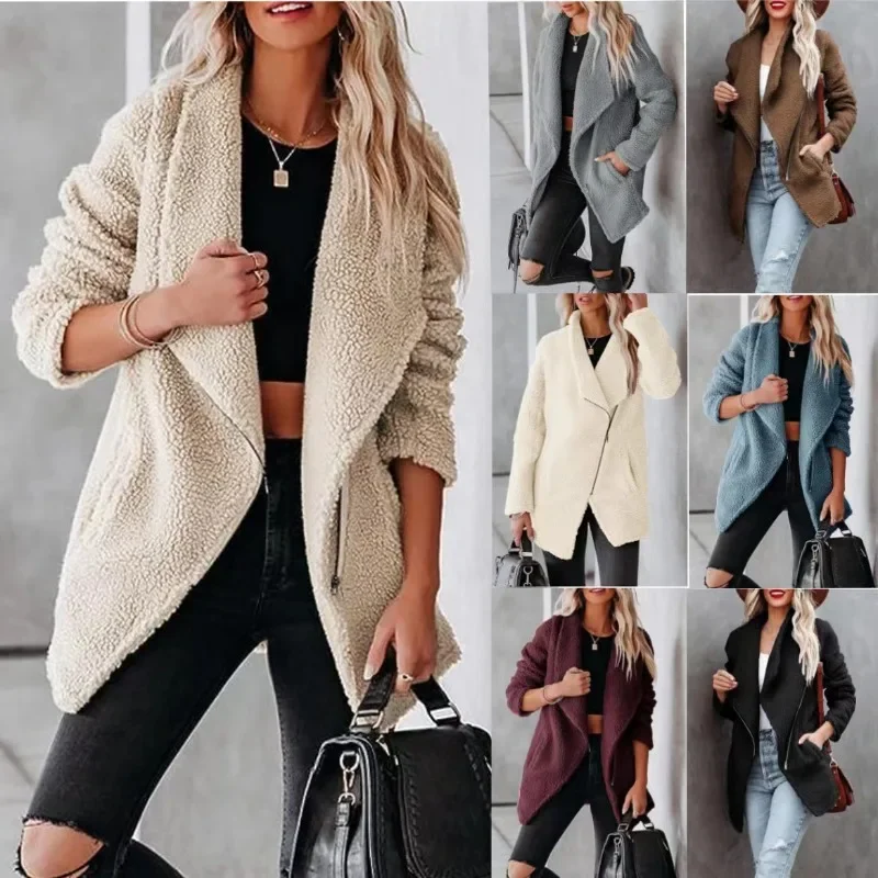 

2023 Autumn and Winter New Fashion Casual Wool Lamb Jacket Zipper Pocket Pellet Fleece Coat Women