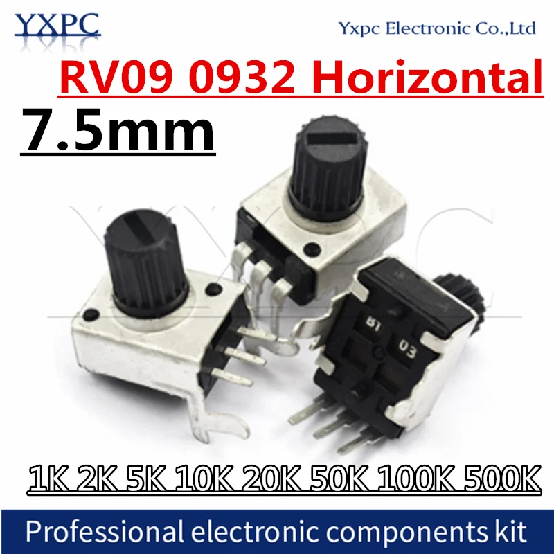 

10pcs RV09 Horizontal 7.5mm Shaft 3pin Seal Potentiometer 1K 2K 5K 10K 20K 50K 100K 200K 500K B103 B503 0932 Adjustable Resistor