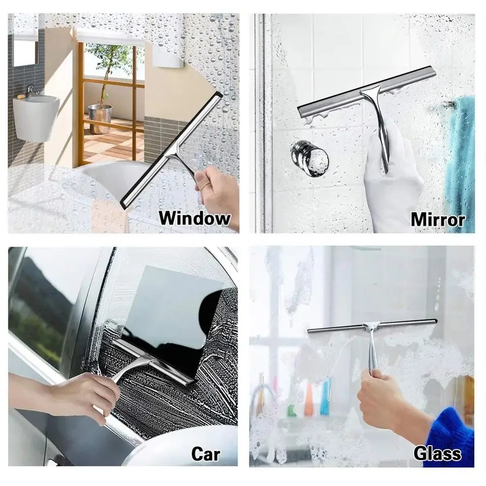 Shower Squeegee Stainless Steel Window Squeegee Shower Cleaner with Self Adhesive Hook and Replaceable Wiper Blades 26cm / 31 cm