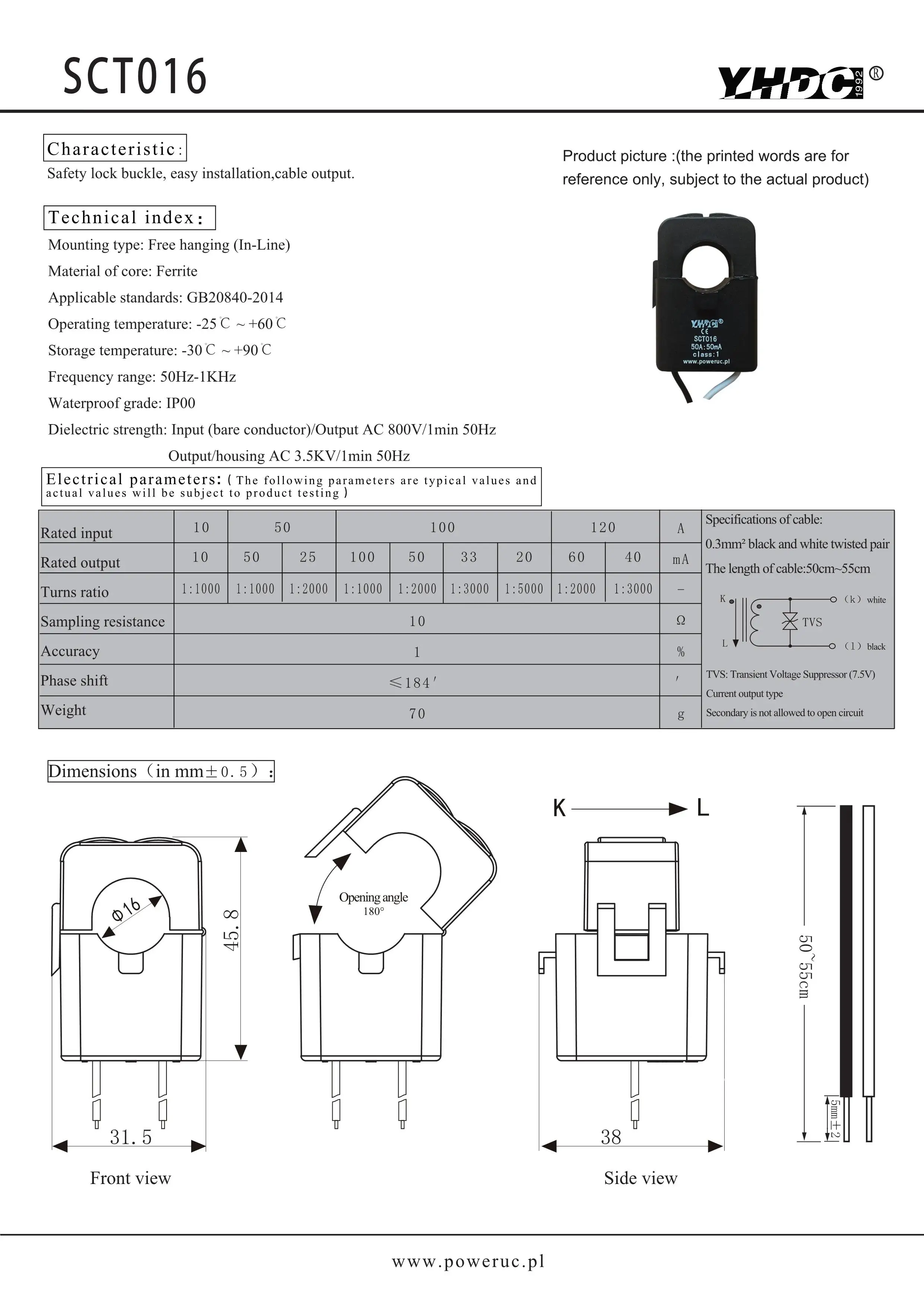 YHDC SCT016 Input 10A/50A/100A/120A Output 10mA/20mA/25mA/33mA/40mA/50mA/60mA/100mA Accuracy 1% Split Core Current Transformer