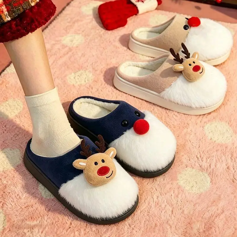 Niedliche Elch-Plüsch-Hausschuhe für Paare, warme Weihnachts-Hausschuhe für drinnen, Wintertrend 2026, bequeme dicke Sohle, Baumwollschuhe für Damen – Detail 6