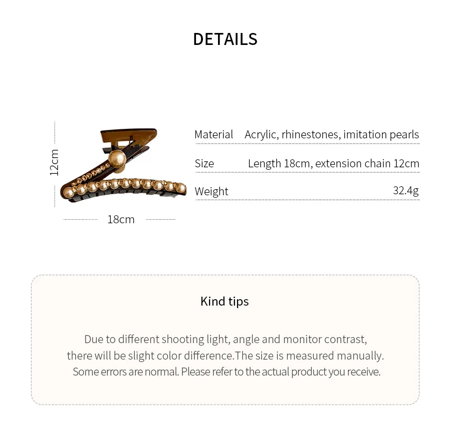 مشبك شعر أكريليك كبير الحجم على شكل حرف Z للنساء أنيق متعدد الاستخدامات لؤلؤ تقليد أحجار الراين مشبك سمك القرش إكسسوار جديد M