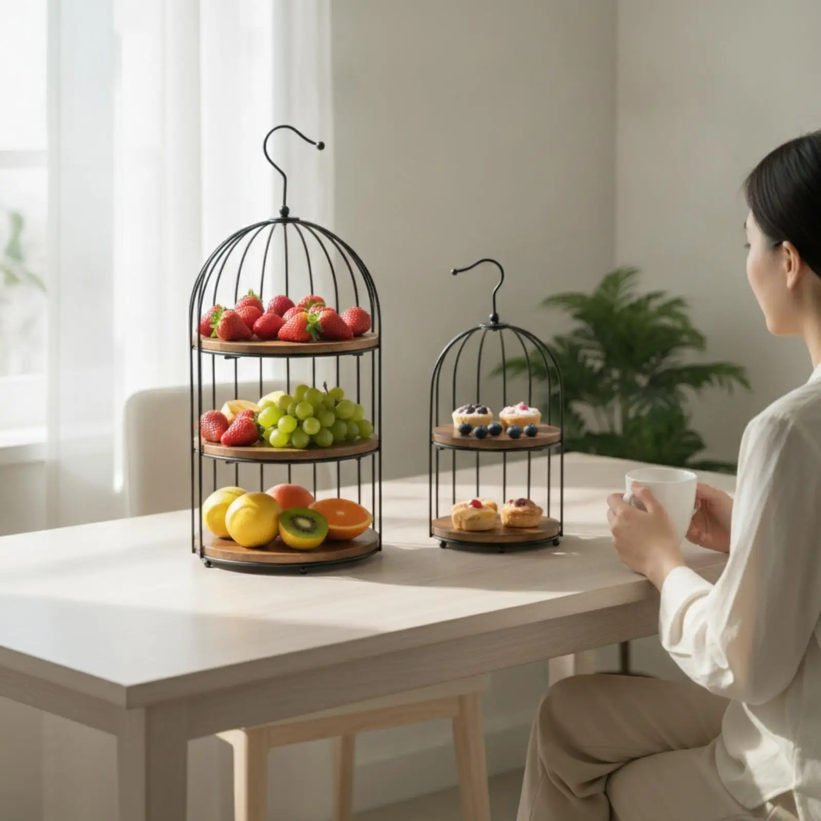 Black Wood Cake Stand Birdcage Design Tiered Display Rack with Metal Frame Freestanding Server for Wedding Party Dessert Table