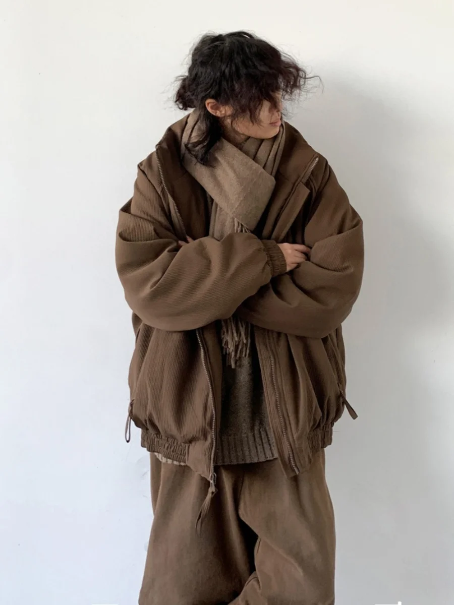 Unisex Autumn Winter Neutral Beige Vertical Stripes Cotton Jacket Bread Style Retro Match All Cotton Coat Zipper Closure Casu...