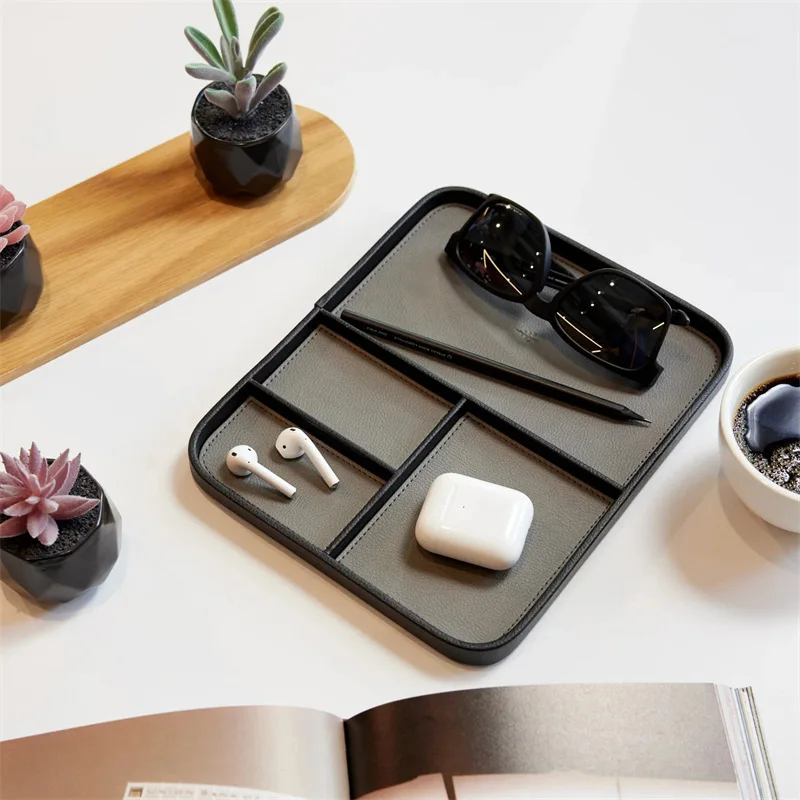 Leather Desktop Storage Tray – Multi-Purpose Wooden Organizer Box, Creative Home Sundries Holder for Office & Living Room
