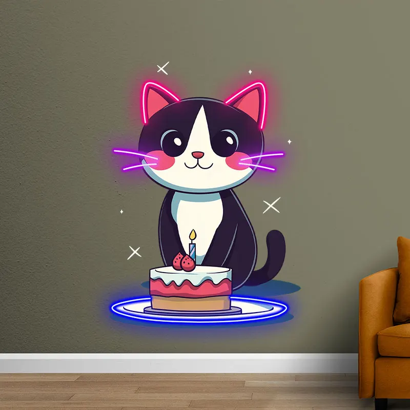 Adorable Cat Birthday Neon Sign with Cake - Fun LED Light for Kids Party, Animal Lovers and Home Decor - Cute Wall Art Kids Gift