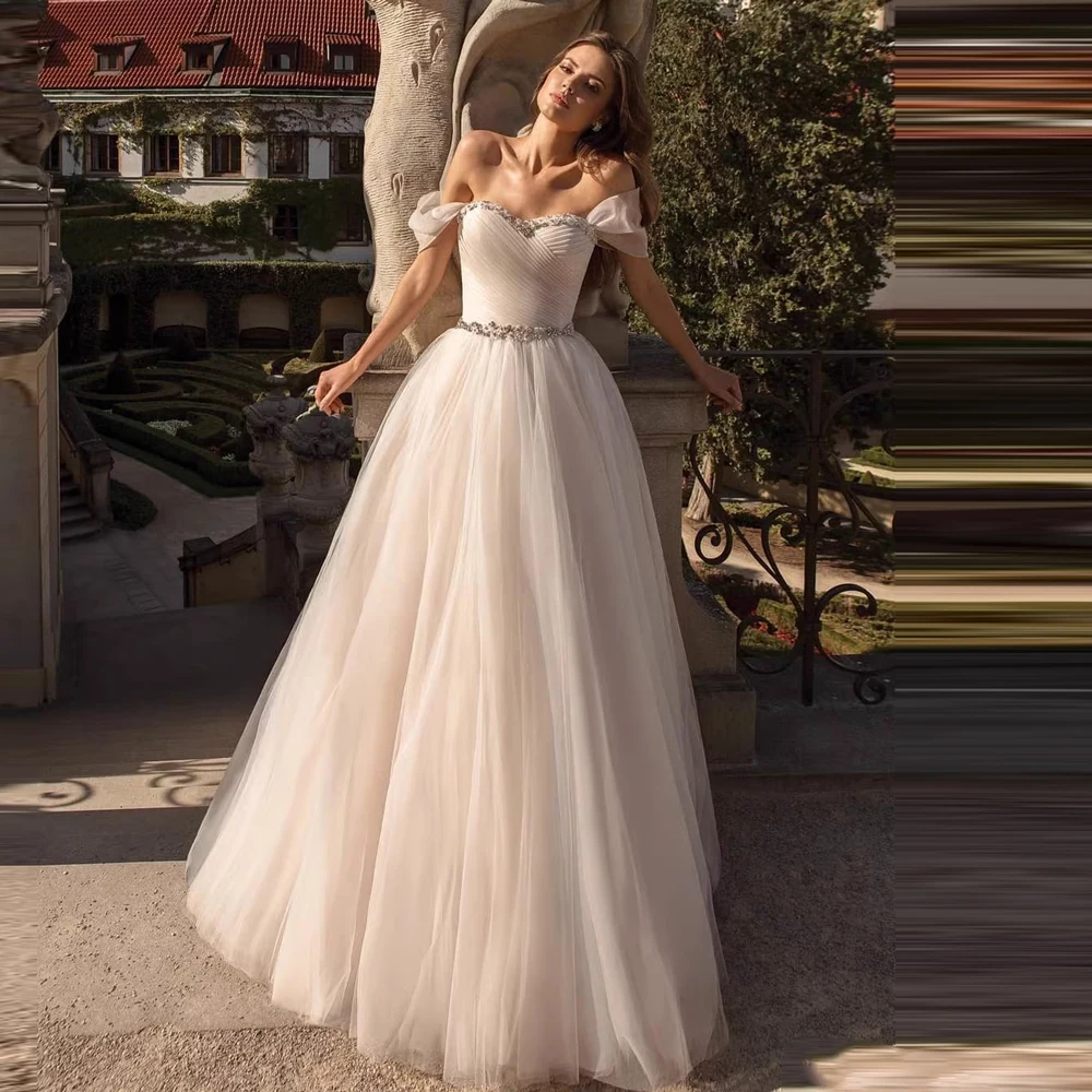 

Plus size satin Wedding Dresses off the shoulder Vestido De Noiva Elegant sweet-heart ball gown pearl ​short-sleeve