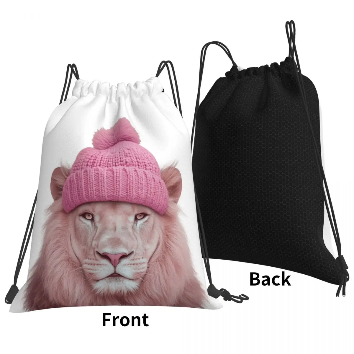 Pink Lion Wearing Pink Winter Hat Backpacks Fashion Drawstring Bags Sports Bag Book Bags for Travel School