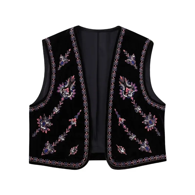 TRAF Women's Embroidered Vest Cardigan Sleeveless Jacket Women Floral Vests Black Casual Waistcoat Embroidered Top