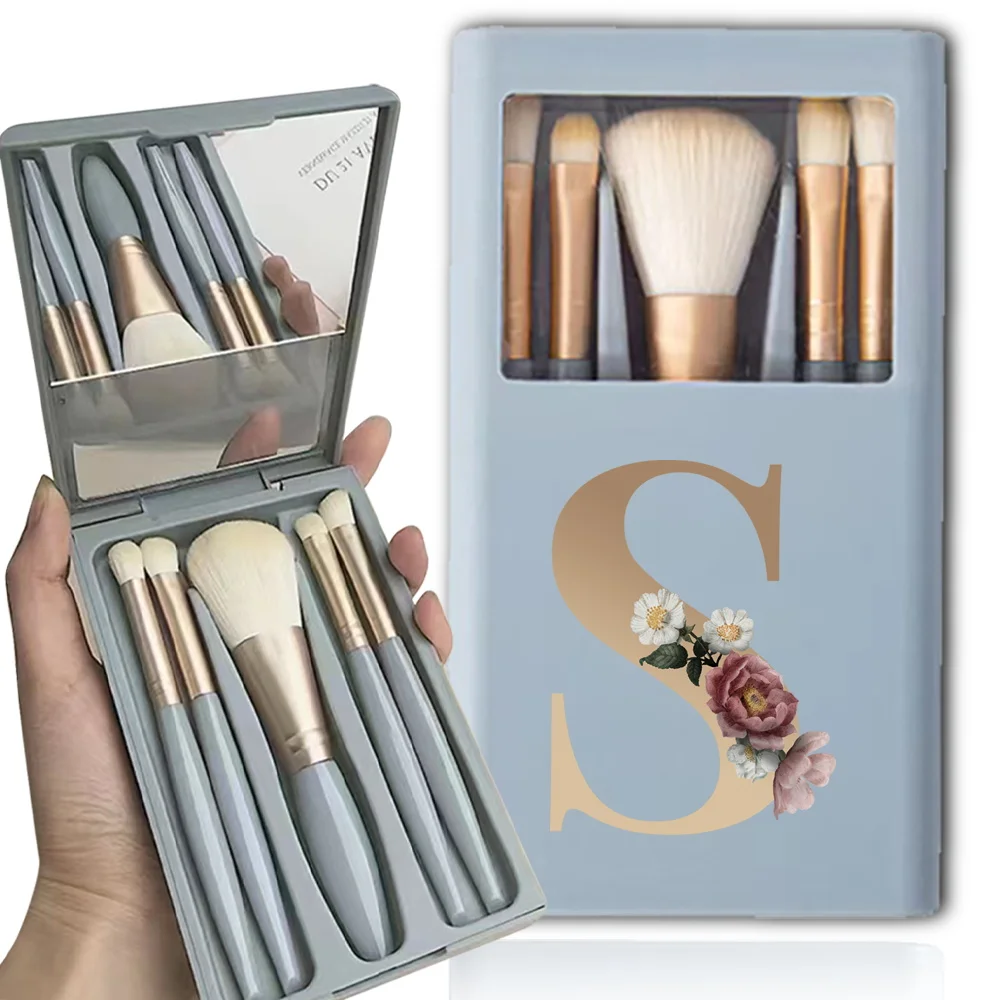 5Pcs Makeup Brushes Set With Mirror Box Cosmetic Brush Case Travel Kit Organizer Portable Beauty Tools Bag Gold Letter Pattern