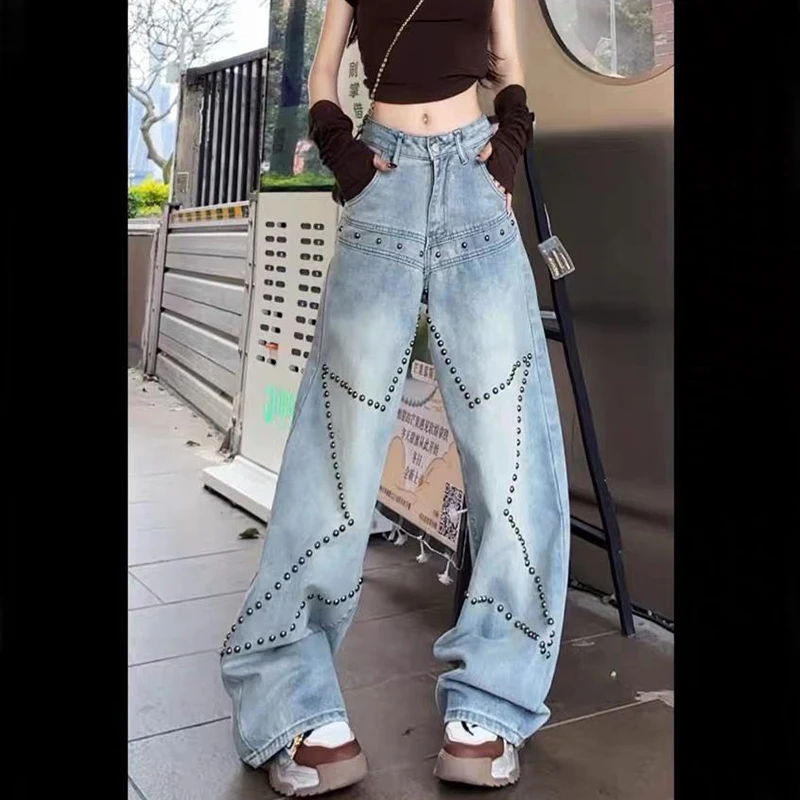 Y2K Rivet Jeans Women High Street Washed Baggy Straight Trousers American Vintage Chic High Waist Ladies Wide Leg Denim Pants