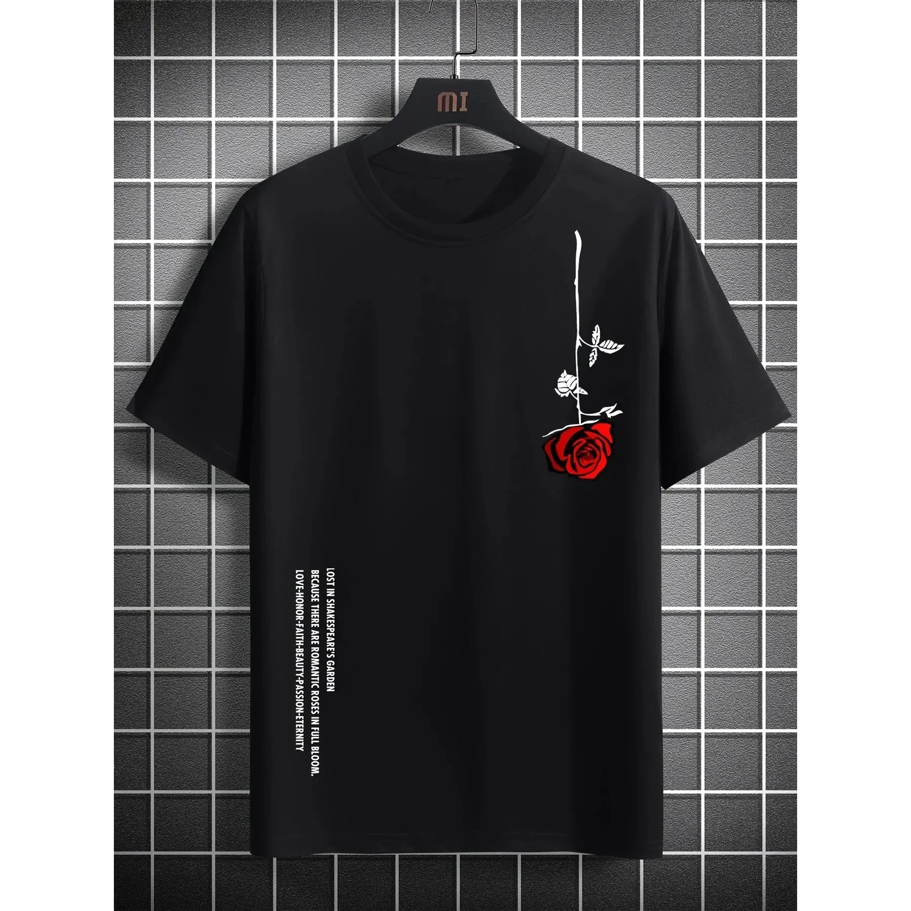 

Summer New Rose Print Loose Fit Cotton T-irt Men's CleanFit Sle Nine Sve CiWalk Suitable ex NonFading PU Leather