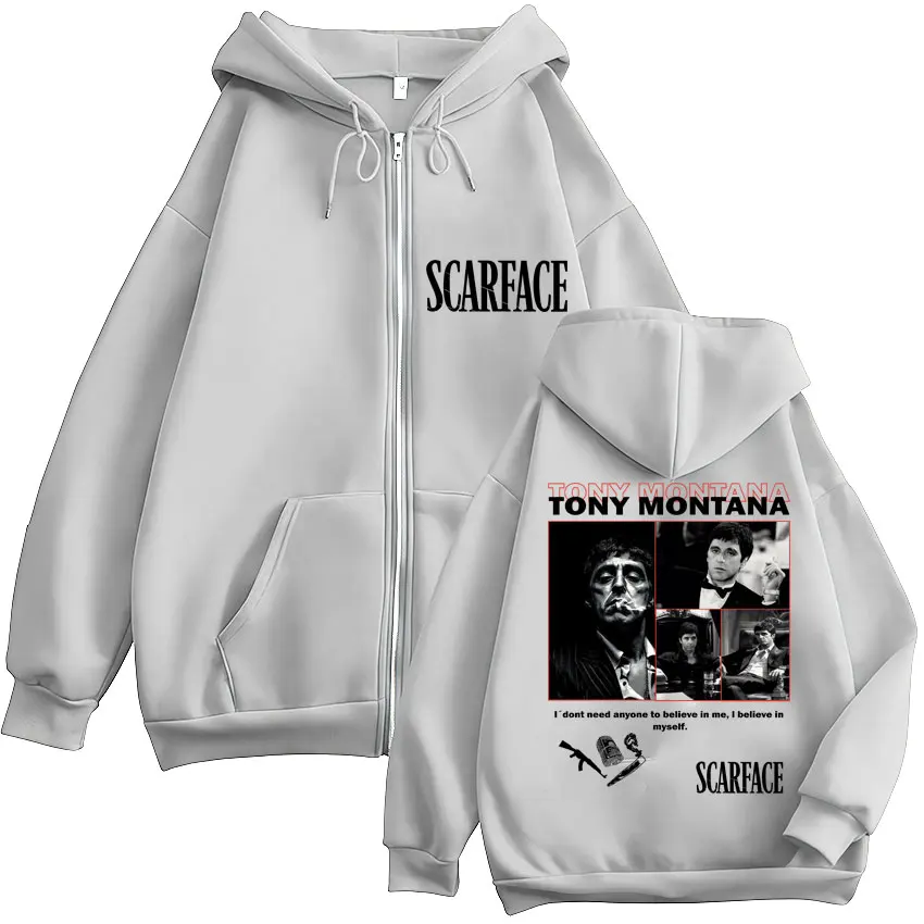 Scarface Tony Montana Al Pacino Famous Movie Zipper Hoodie Vintage Fashion Men Women Zip Up Sweatshirt Fleece Oversized Jackets