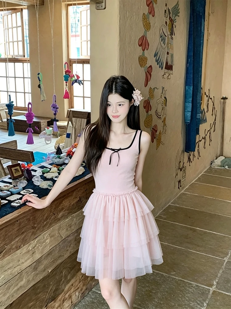 バレエスタイルカラーブロックオフショルダーメッシュスカート女性の夏の新しい痩身ウエストシンチケーキスカートaラインドレス
