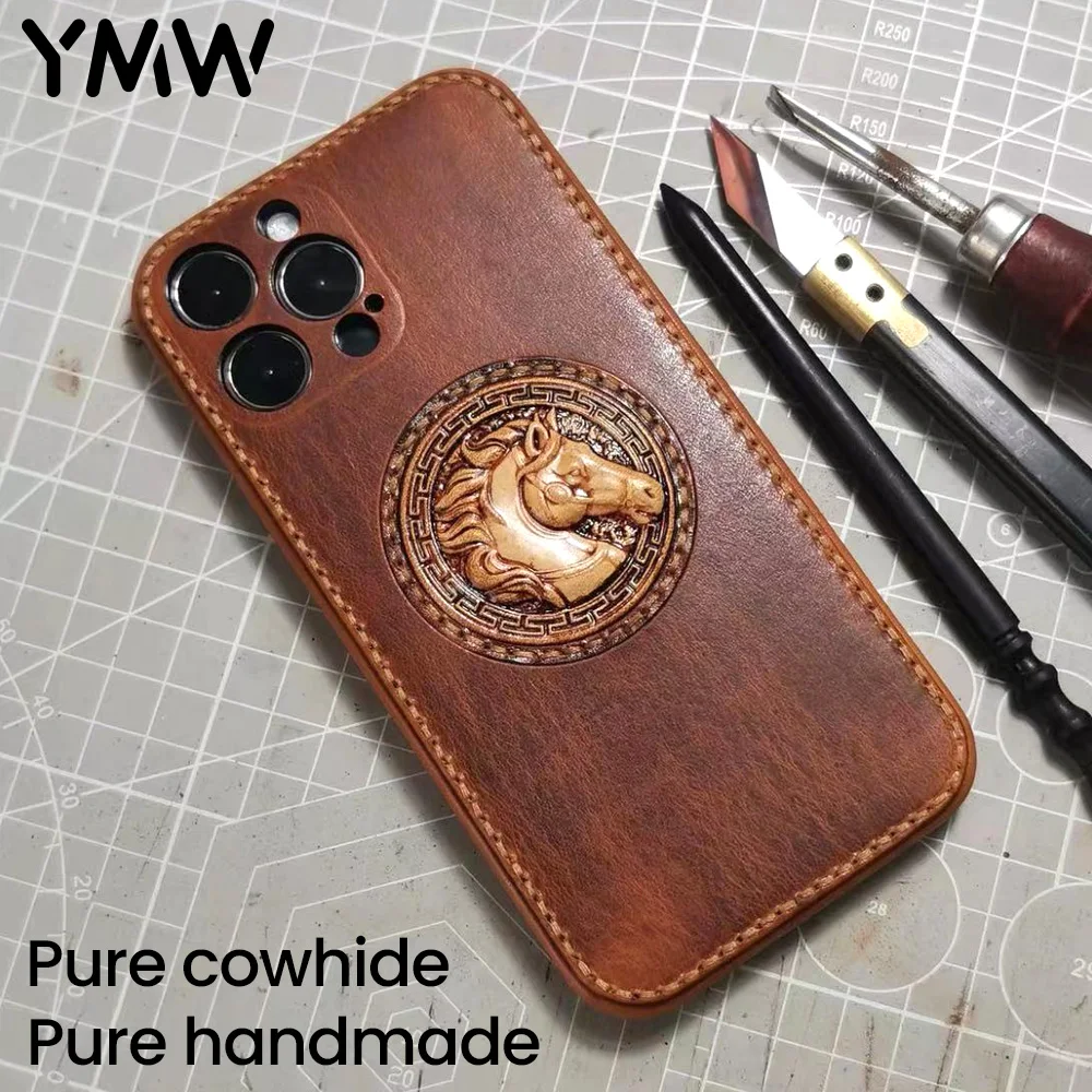 

YMW Pure Handmade Relief Case for iPhone 14 Pro Max 13 Retro Vegetable-tanned Leather Phone Cases 12 Luxury Soft Cowhide