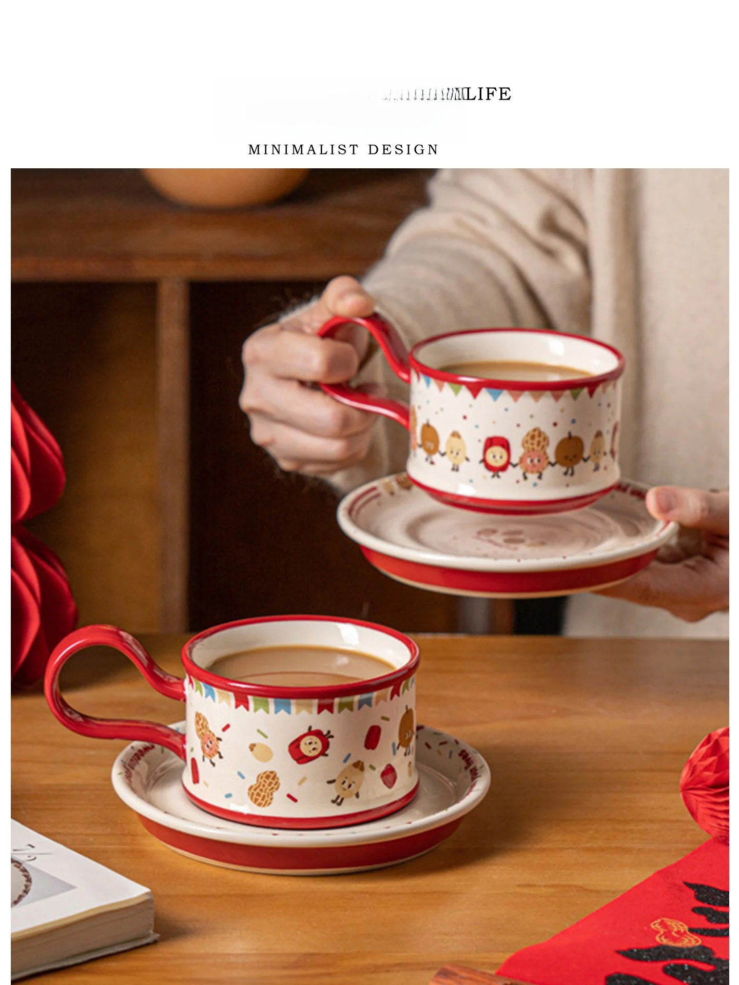 Early Chinese Style Ceramic Coffee Cup Cute Festive Wedding Celebration Tlife Single Ear Handle Floral Pattern Ceramic Cup