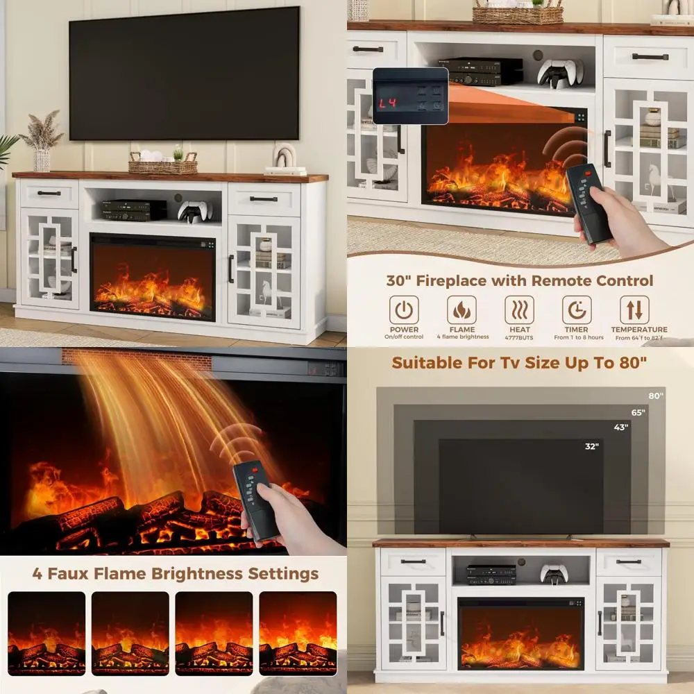 

80 Tall Farmhouse Style Entertainment Center with 32 Fireplace for TVs up to 80