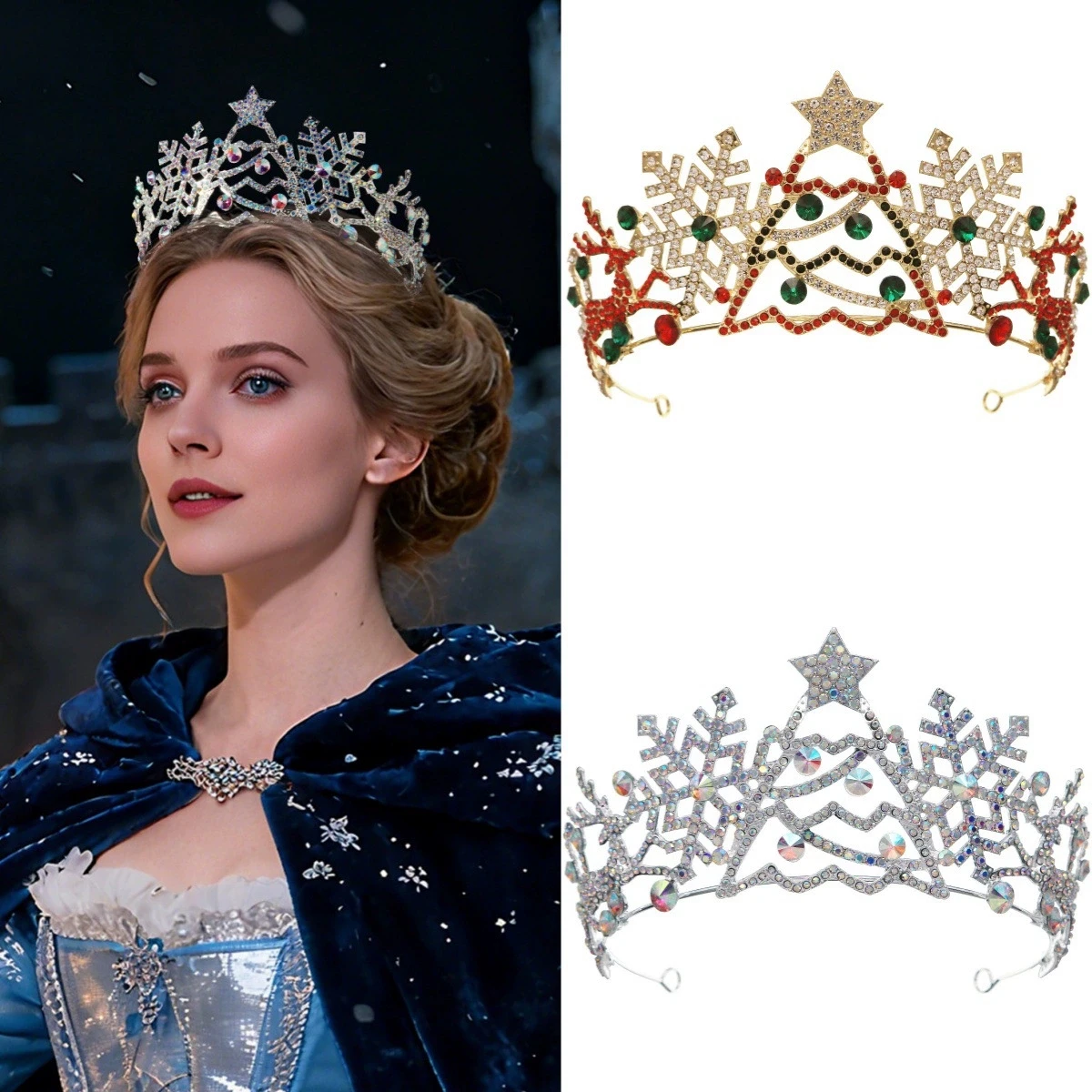 New European American Christmas Hair Crown Glitter Rhinestones Christmas Tree Snowflake Hairband Tiaras For Girl Performance
