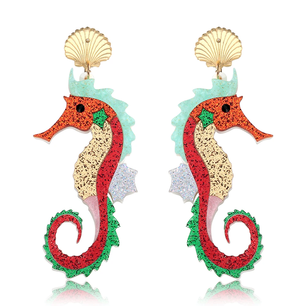 Funny Glitter Acrylic Seahorse Drop Earrings for Women Cute Marine Animals Dangle Earring New Jewelry Gift