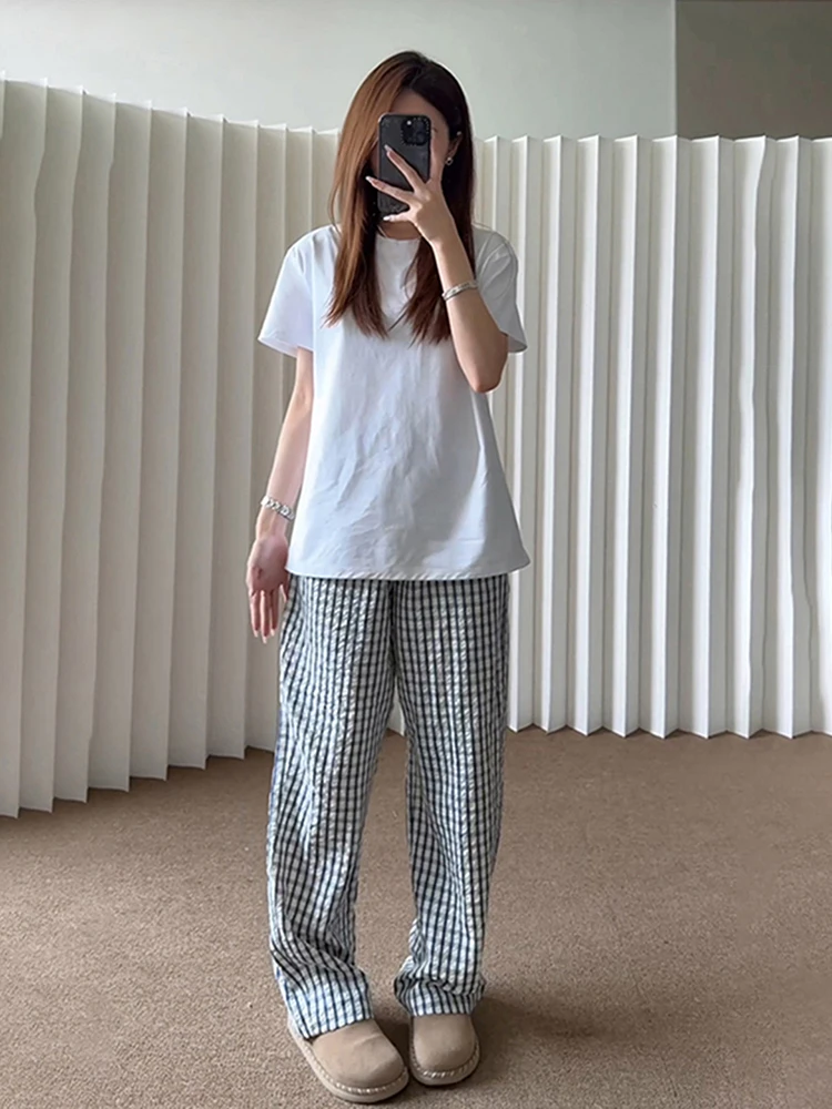 

Американские повседневные брюки в клетку с пузырьковой тканью для мужчин и женщин, летние драпированные прямые свободные утягивающие спортивные брюки из ледяного шелка