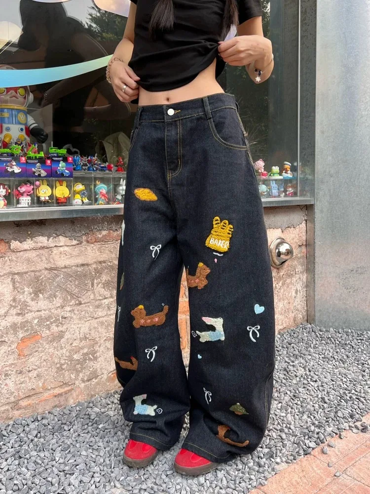 

Retro American Sausage Dog Patch Embroidery Wide Leg Jeans Men Women Loose Casual Pants Couple Loose Fit Floor Length