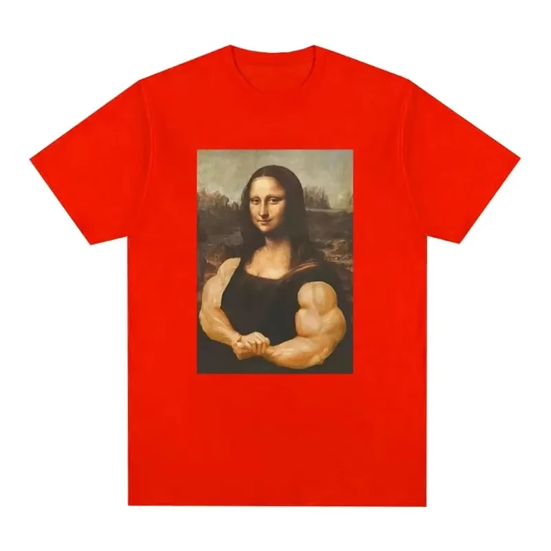 Fun Mona Lisa Fitness T-shirt Pure Cotton Muscle Fitness Casual Printed T-shirt for Men and Women Fashion Casual Loose T-shirt