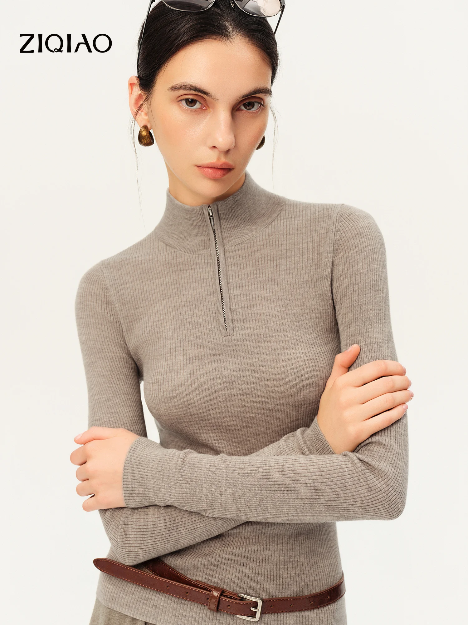 ZIQIAO 100% Merino Wool Women Half Zip Sweater Long Sleeve Slim Fit Knitted Pullover Elegant Warm Winter Base Layer Top