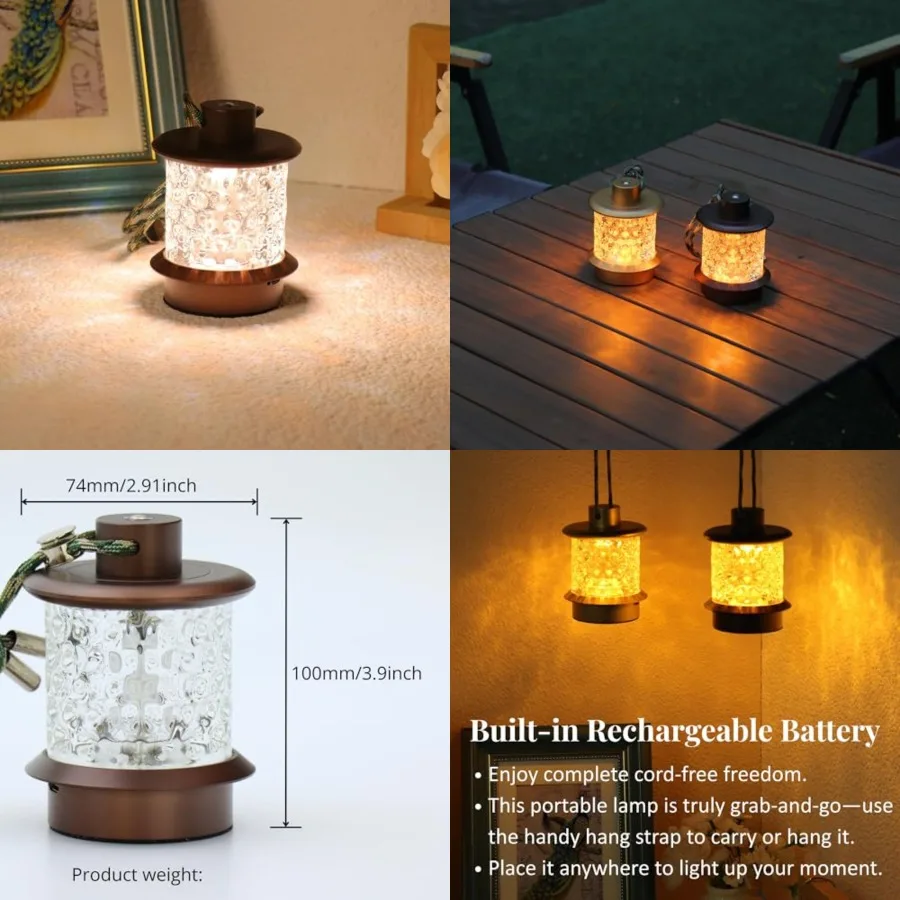 

Portable Lantern Table Lamp - Dimmable Cordless Night Light with 3 Color Temperatures, Rechargeable Metal and Glass Outdoor Ind