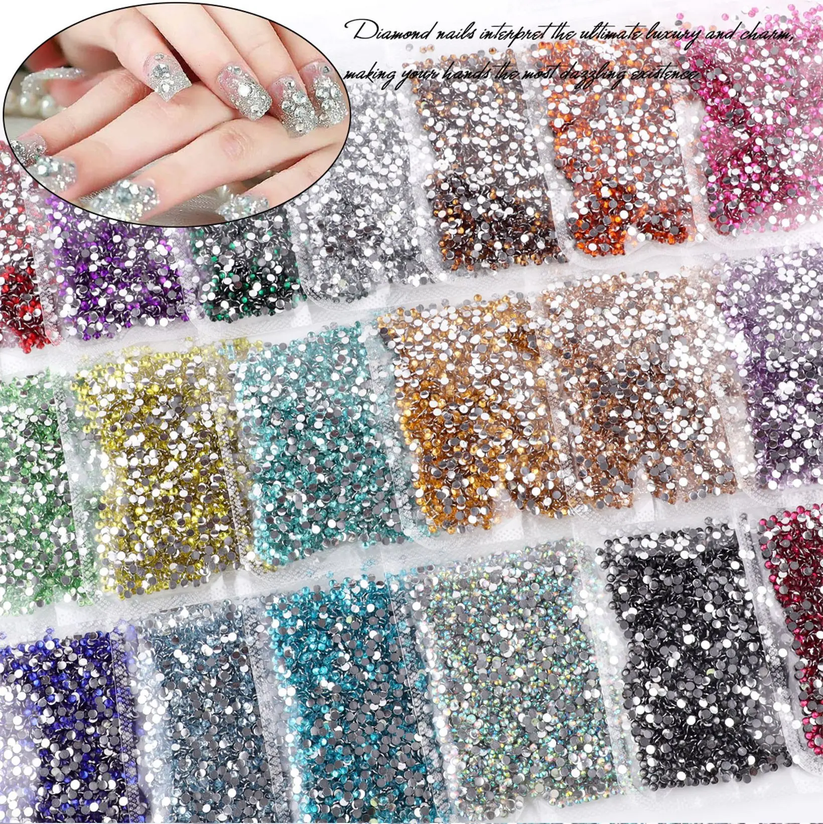 10000 قطعة من أحجار الراين المسطحة من الراتنج المتلألئ للغاية لفن الأظافر، أزياء الزفاف، ديكور جراب الهاتف، أحجار الراين متعددة الألوان