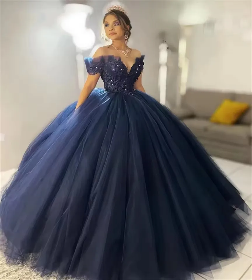 Bomaris Navy-Blue Ball Gown Quinceanera Dresses Vestidos De 15 Anos Vintage Appliques Cinderella Princess Party Customized