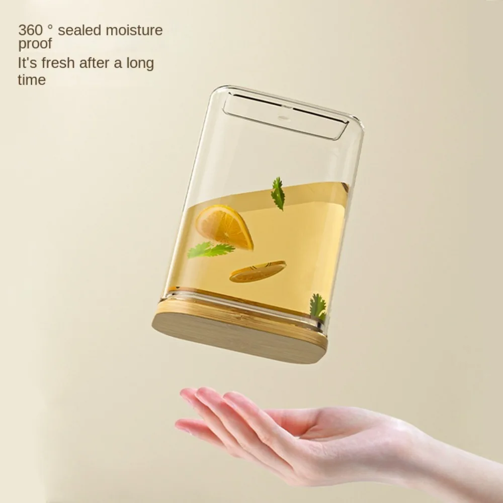 Square Sealed Plastic Food Jar Bamboo Cover Kitchen Cereal Jar Storage Box Transparent Tea Storage Jar Kitchen Supplies