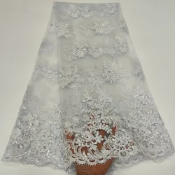 White African Tulle Lace Fabric 2024 High Quality Sequins Embroidery French Nigerian Lace Fabric For Wedding Party Dress KKF2402