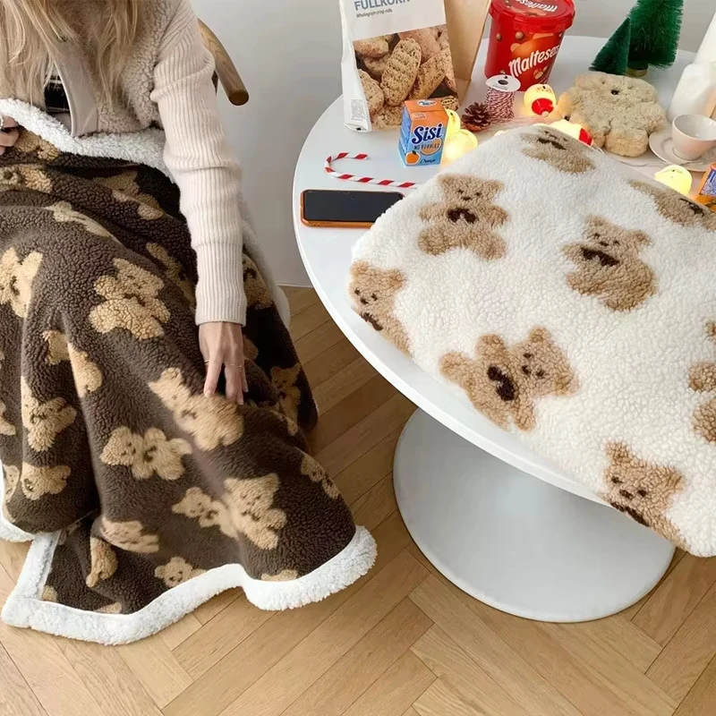 Korean Style Teddy Bear Blankets Fleece Soft Warm Camping Thick Bed Blankets Plush Cute Sofa Blanket Bedding Sheet Home Supplies