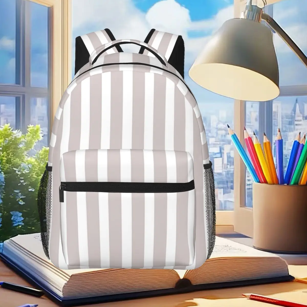 

Grey And White Horizontal Stripes Backpack Student Boys Girls BookBag Kids School Bag Computer Shoulder Bags for Men Women