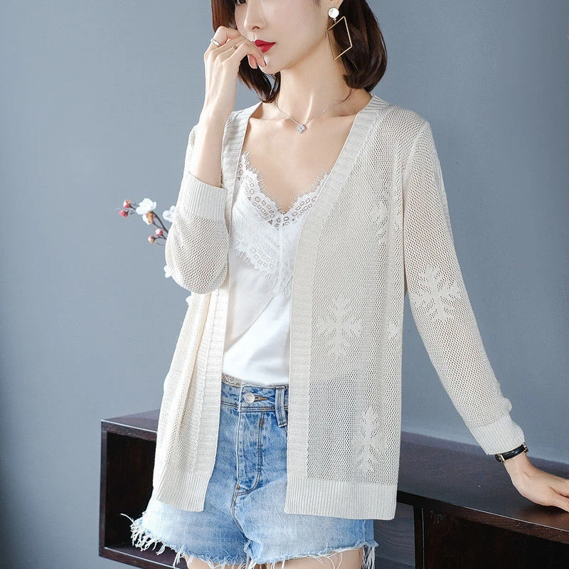 New Knit Sunscreen Shirts Summer Long Sleeve Knitwear Cardigan Korean Casual Loose Tops Hook Flower Shawl Air Conditioning Coat