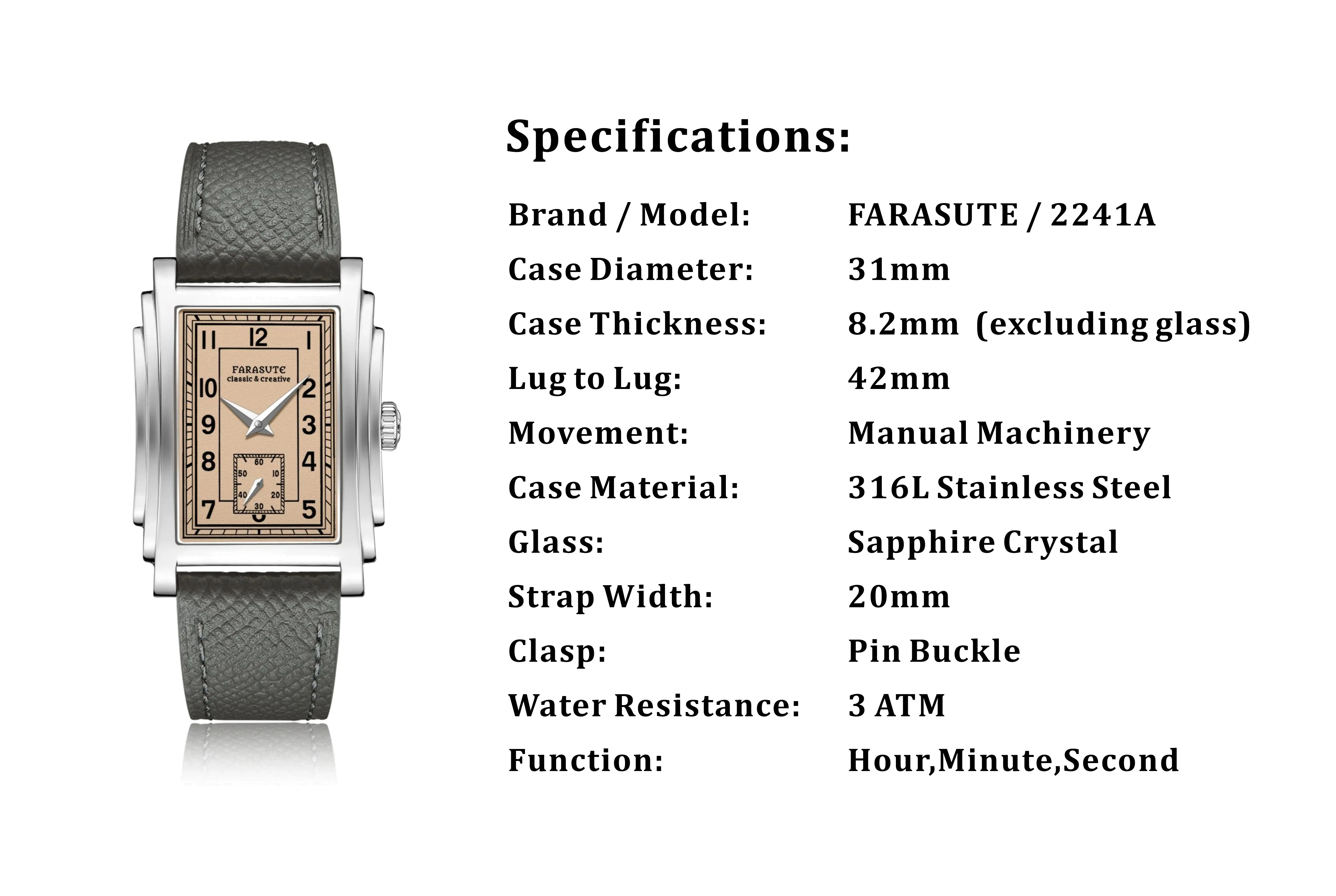 FARASUTE Men Automatic Watch Fashion Luxury Rectangle Mechanical Wristwatch Sapphire 30m Waterproof ST17 Small Second Hand