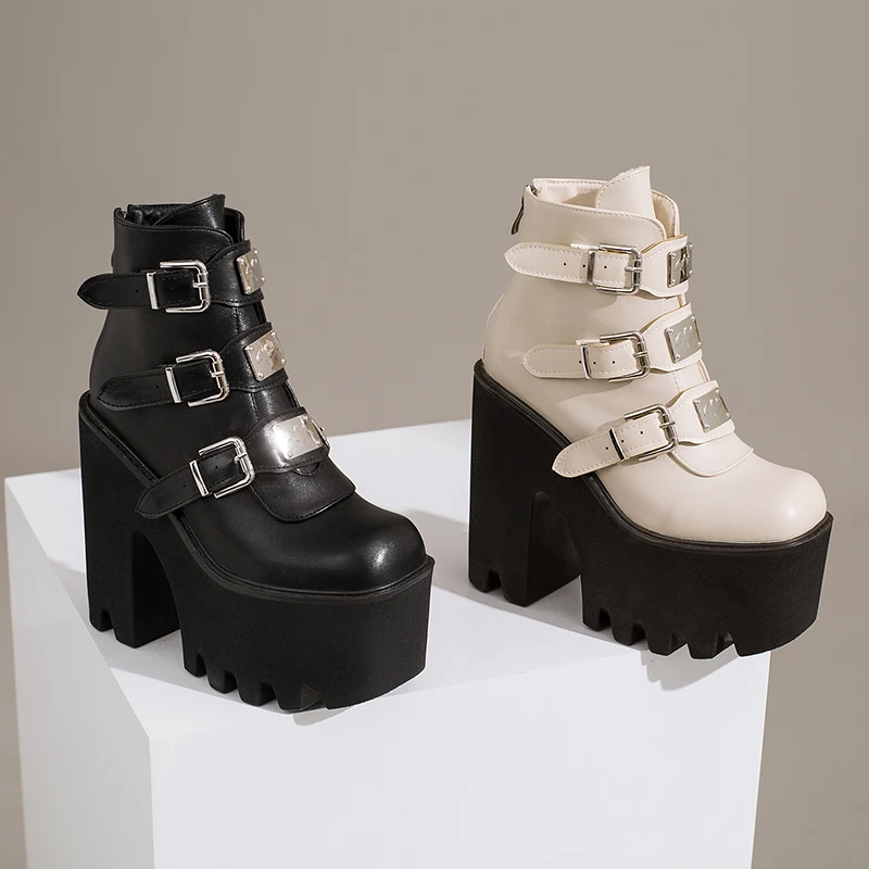 حجم كبير إسفين كعب زيادة دراجة نارية الأحذية ثلاثة الصدر زخرفة المعادن فائقة عالية منصة مقاومة للماء الأحذية النسائية #5