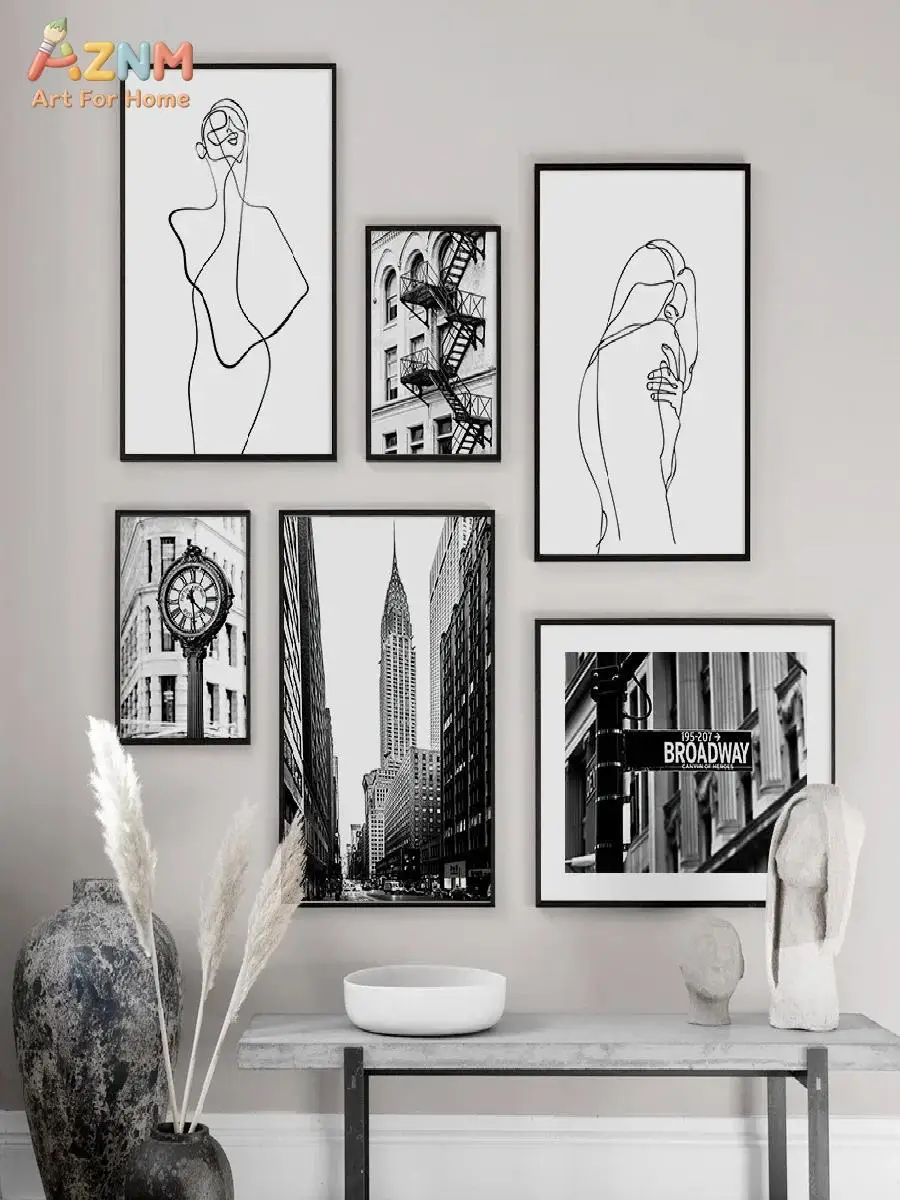 AZNM Black White New York City Canvas Wall Art Line Woman Figure Broadway Street Minimalist Urban Living Room Unframed Canvas Po