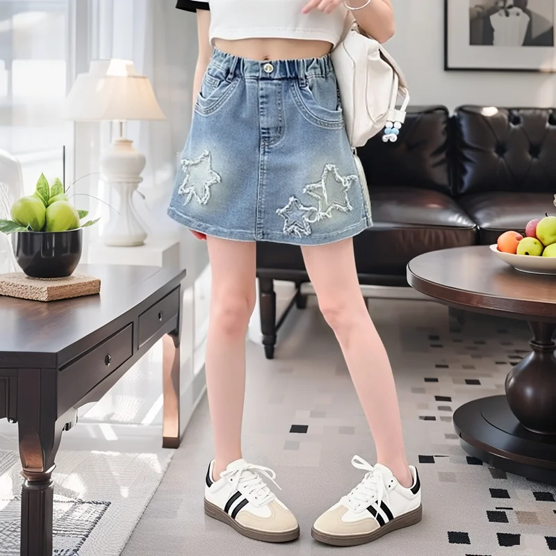 

Summer Child Summer Protective Denim Shorts Under the Skirt For Teens Girl High Fashion Star Pattern Skirt with Built in Shorts