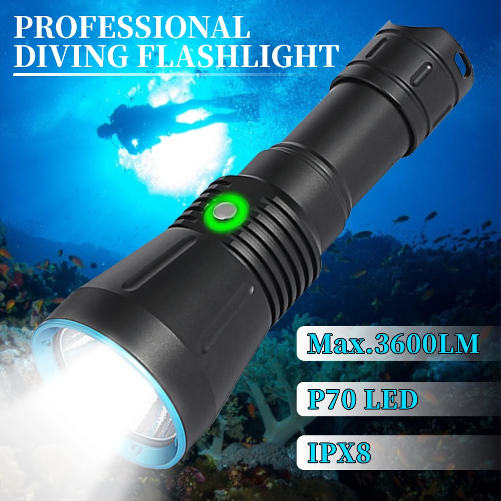 FUNNYDEER DA16S P70 LED Diving Flashlight 18650 26650 Battery 3600LM XHP70 Diving Depth IPX8 Waterproof Work Lantern Lamp