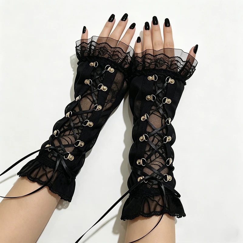 Women Arm Warmers Gothic Punk Lace-up Party Outsleevs Transparent Mesh Patch Flare Sleeves For Y2k Girl 2026 New Arrived