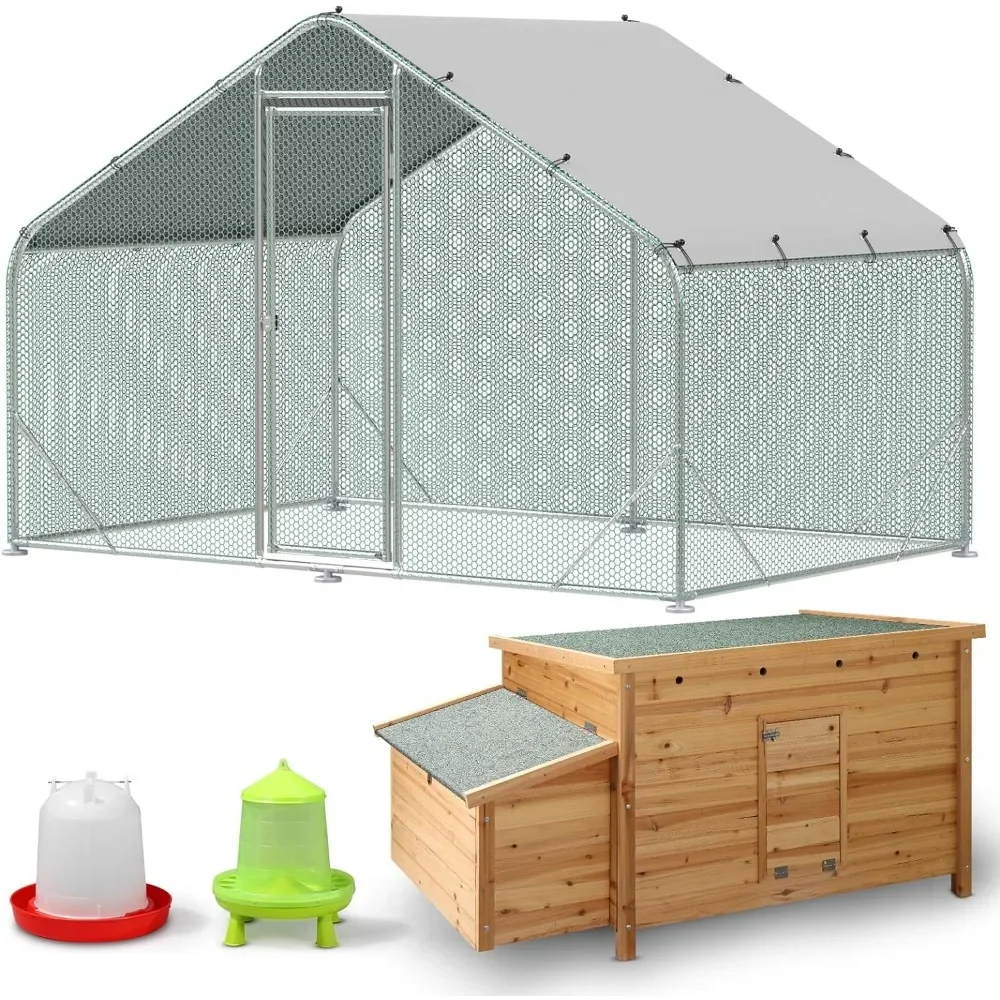 

10x6FT Metal Chicken Coop with Hen House & Feed Bucket, Walk-in Poultry Cage Chicken Runs with Roof Cover for Yard, Chicken Pens