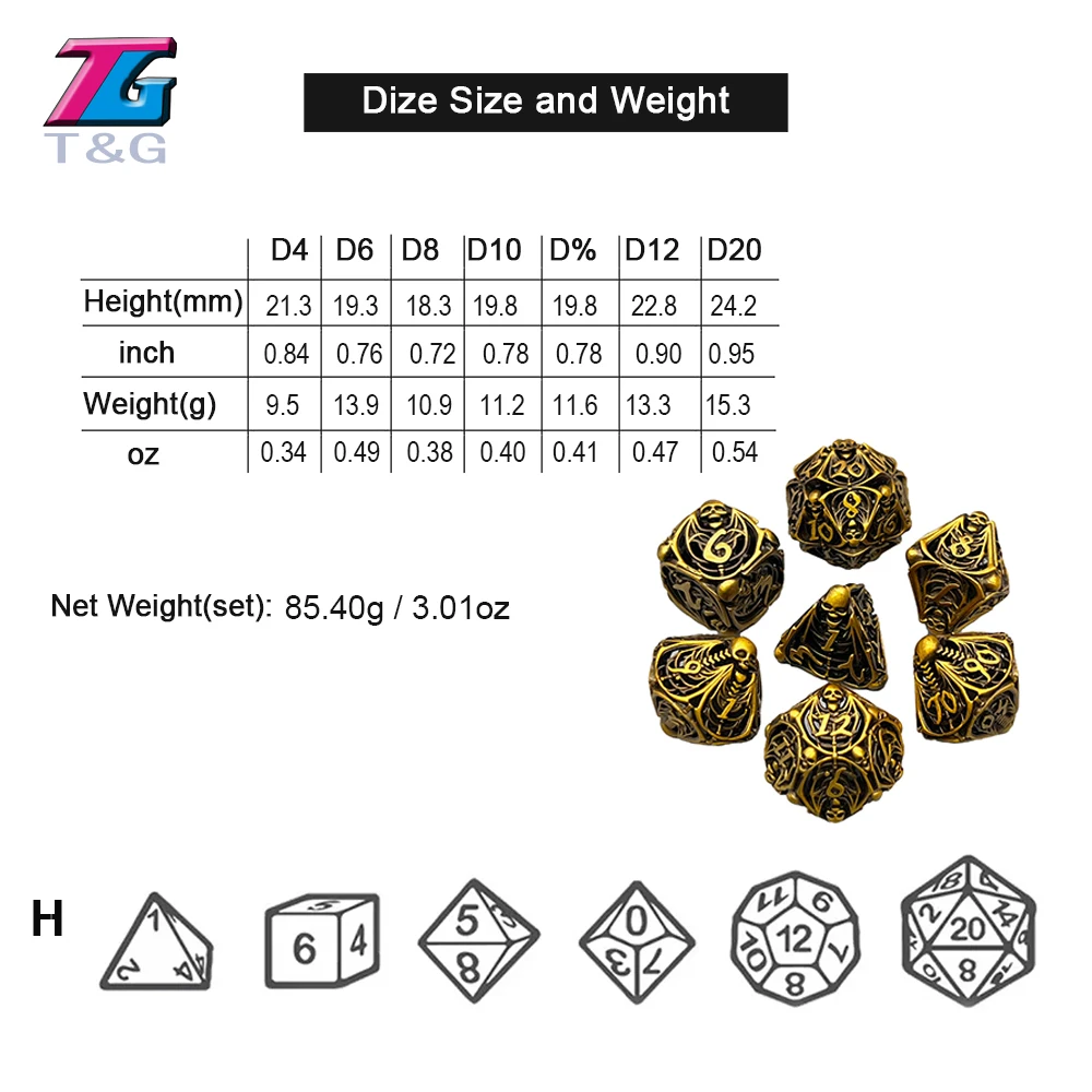 Hollow Metal Polyhedral Dice Set for Role Playing, D4, D6, D8, D10, D12, D20, D & D, RPGs Board Game as Gift, 7Pcs