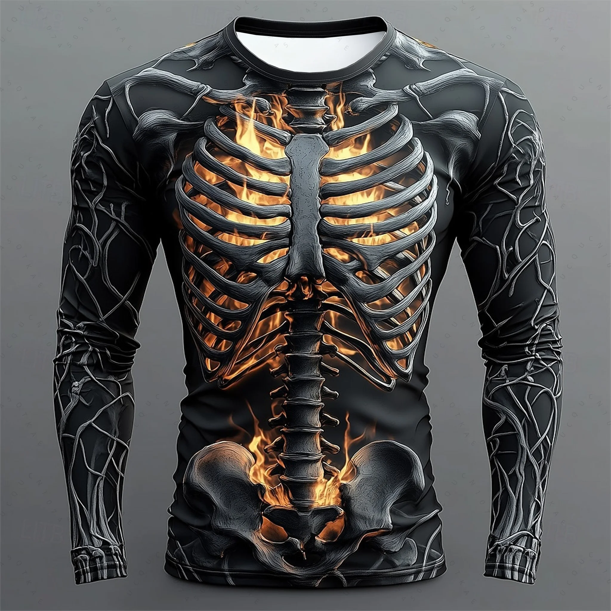 2026 هالوين الهيكل العظمي طباعة كم طويل تي شيرت للرجال القوطية العصرية الشارع الشهير بلايز عادية هالوين حفلة تيز خريف شتاء #3