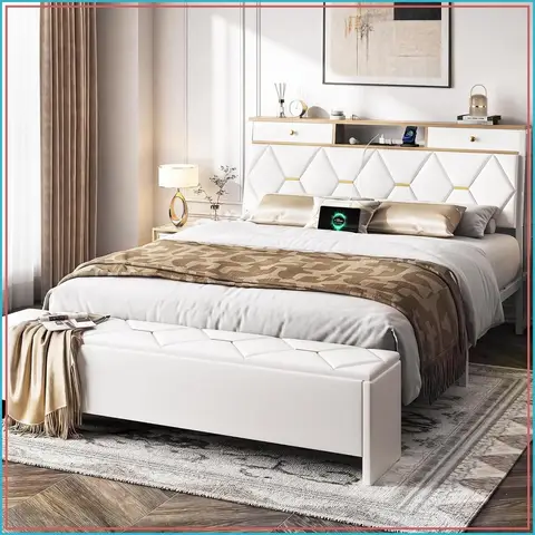 Queen Bed Frame with Storage Headboard and Drawers, PU Leather Upholstered Platform Bed
