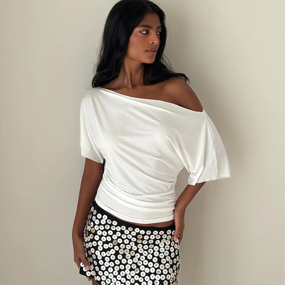 

Off Shoulder Ruched Crop Top Women Basics Solid Color Skew Collar Short Sleeve T-shirts Summer Casual Streetwear Tees