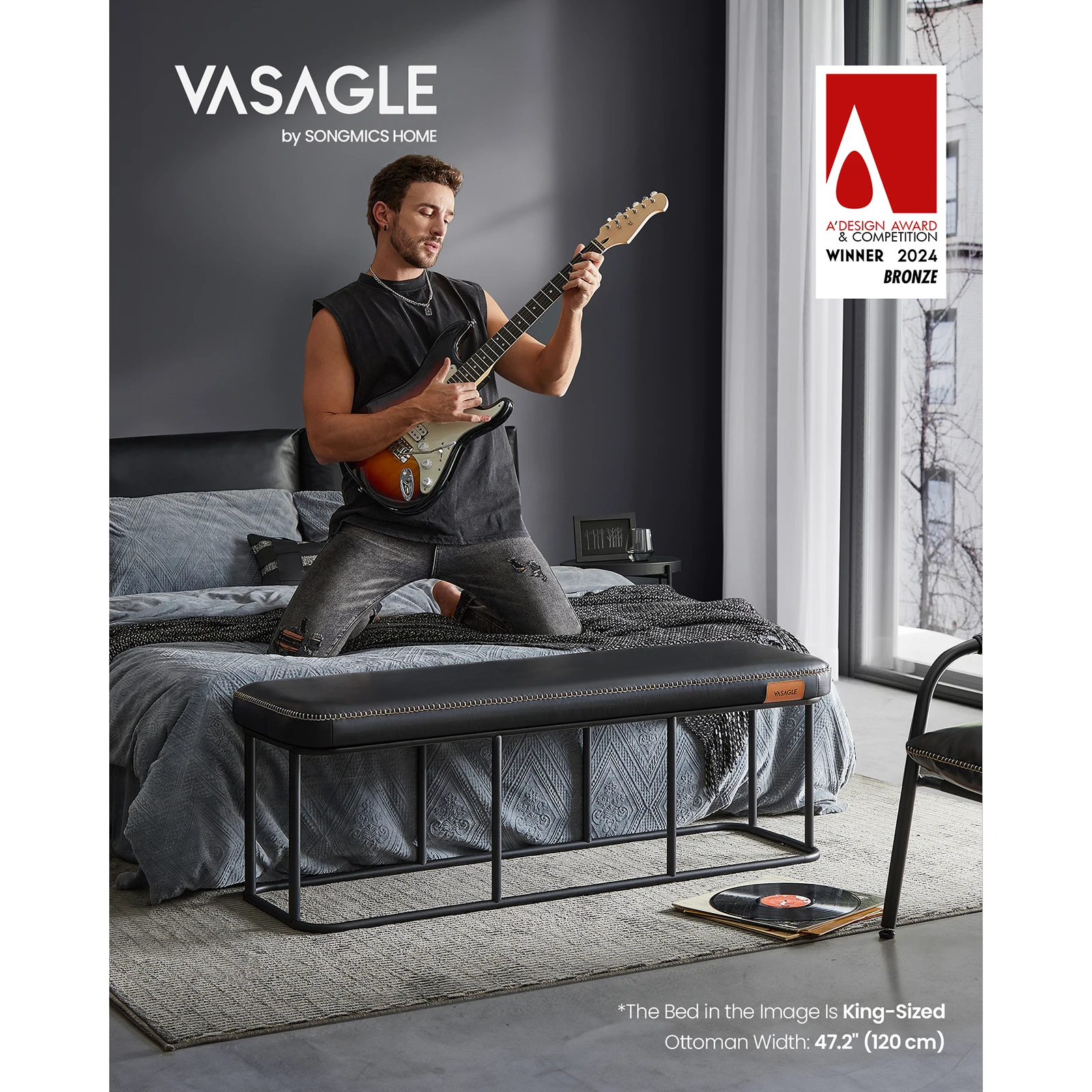 VASAGLE EKHO Collection - Bench for Entryway Bedroom, Synthetic Leather with Stitching, Ottoman Bench with Steel Frame