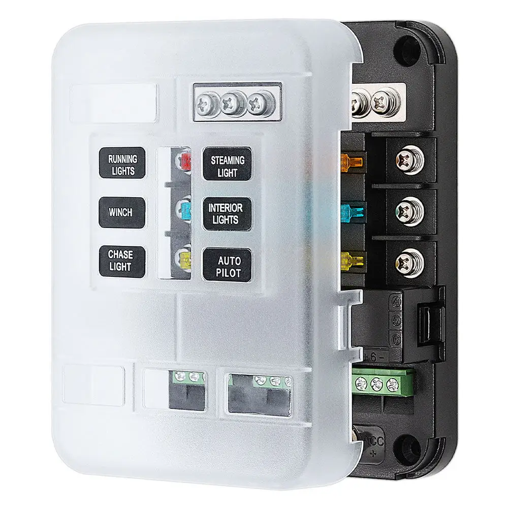 

Smart 12V Fuse Block with Built in Relay Control Red LED Fault Light Isolated Circuits Quick Swap Spare Fuses for Auto Marine